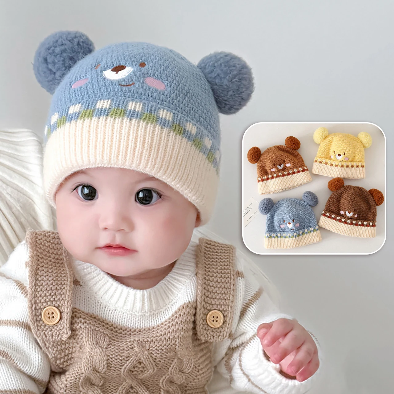الشتاء الدافئة الطفل متماسكة قبعة مزدوجة أفخم الكرة الرضع قبعة لطيف الكرتون الاطفال البلوز قبعة 3-36Mont صبي فتاة الصوفية الكروشيه بونيه