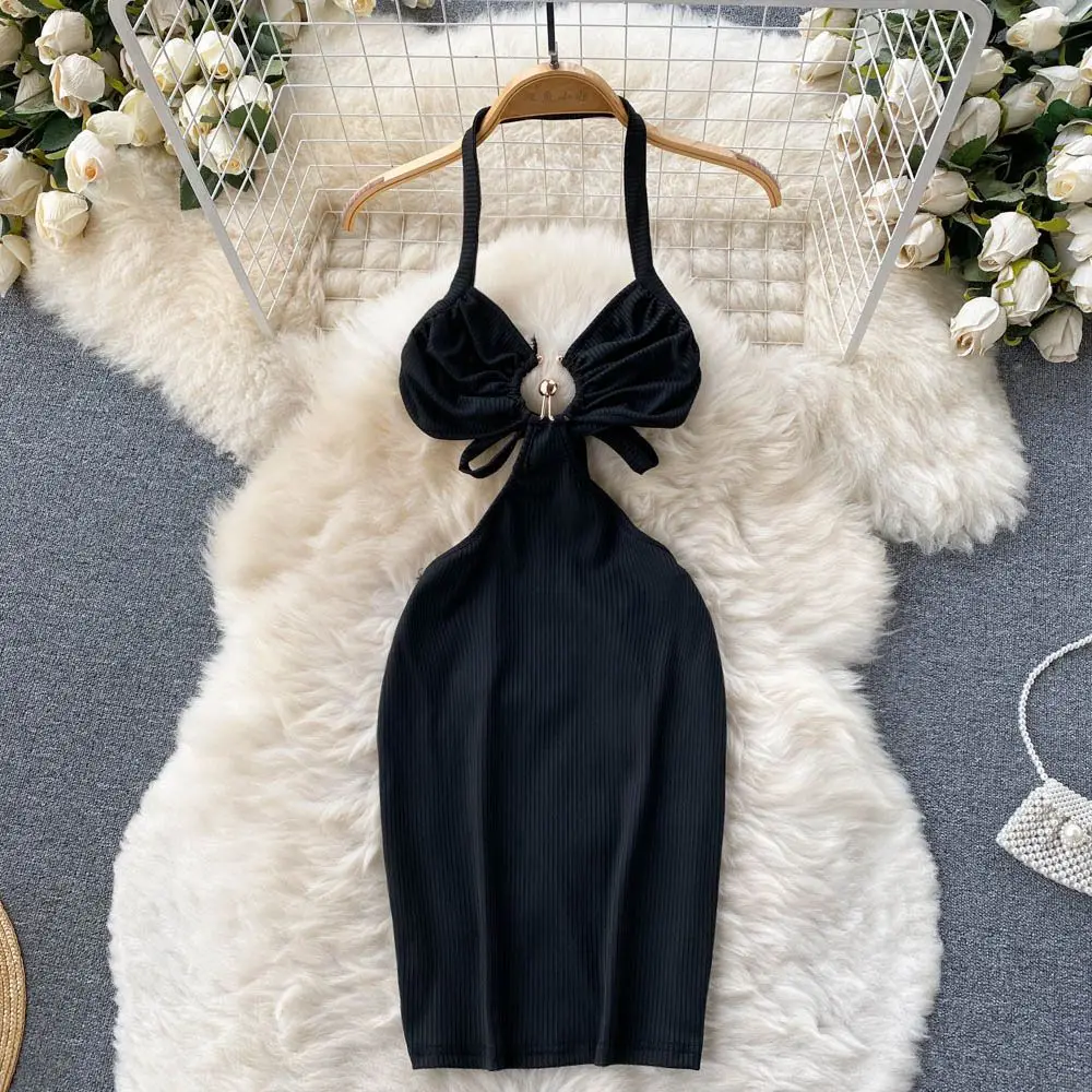 TZTOOZ  Sensual Camis Female Dress French Sleeveless Lace Up Sheath Dress 2023 Women Slim Short Halter Backless Sexy Dress