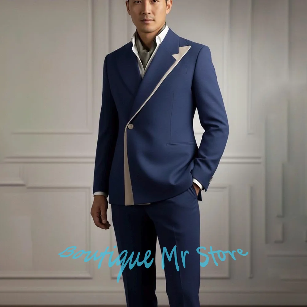 

Blue Men's Suits with Beige Contrast Lapel Asymmetric Single-Button Peaked Lapel Blazer+Pants Set for Modern Fashion Enthusiasts