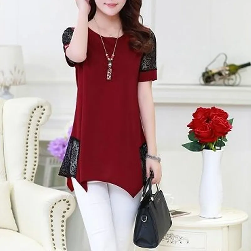 Stylish Lace Patchwork Midi T-shirt Casual Irregular Summer Solid Color Short Sleeve Women\'s Clothing Loose Elegant Pullovers