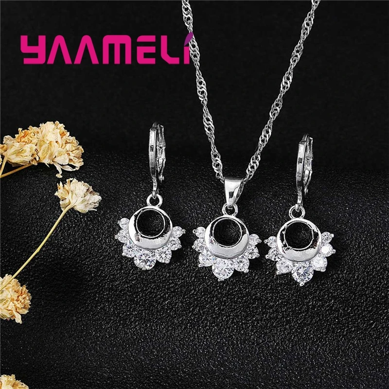 Fashion 925 Sterling Silver Round Clear CZ Crystal Hollow Flower Design Jewelry Sets for Women Necklace Pendant Hoop Earrings