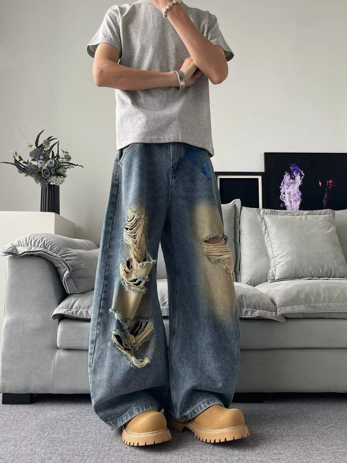Calças Jeans Retrô Americanas Lavadas para Homens e Mulheres, Estilo High Street, Soltas, de Perna Larga, Tendência de Verão,...
