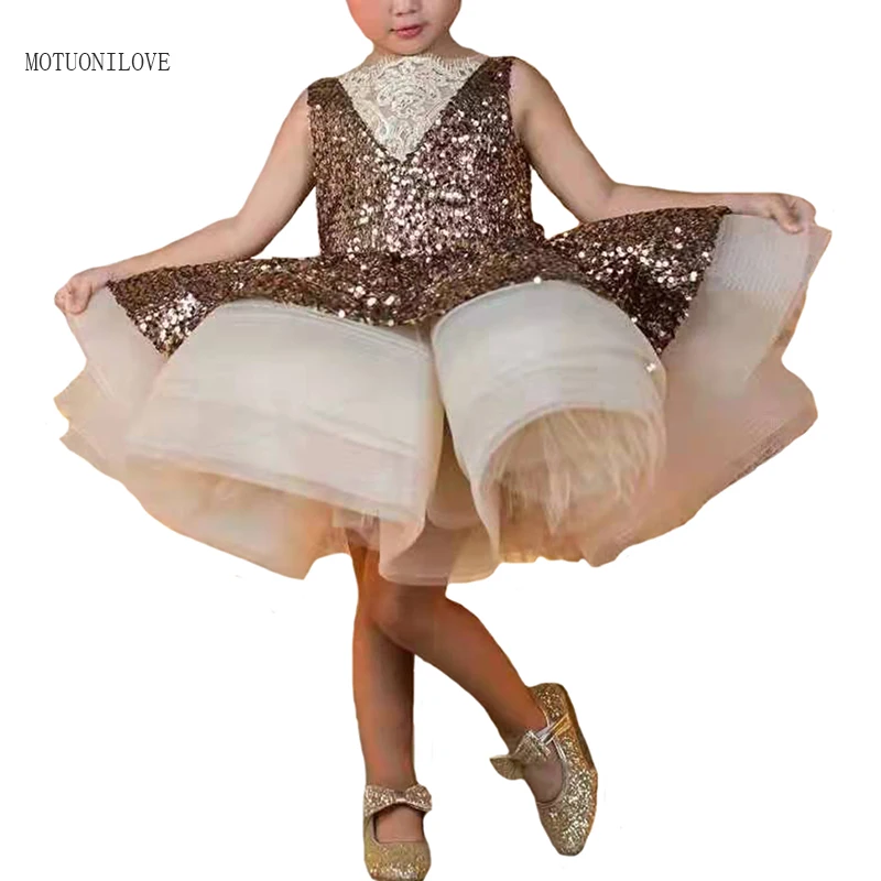 Glitter Sequins Flower Girls Dresses Princess Puffy Ball Gowns Wedding Party Baby First Communion Gowns Costume For Little Girls