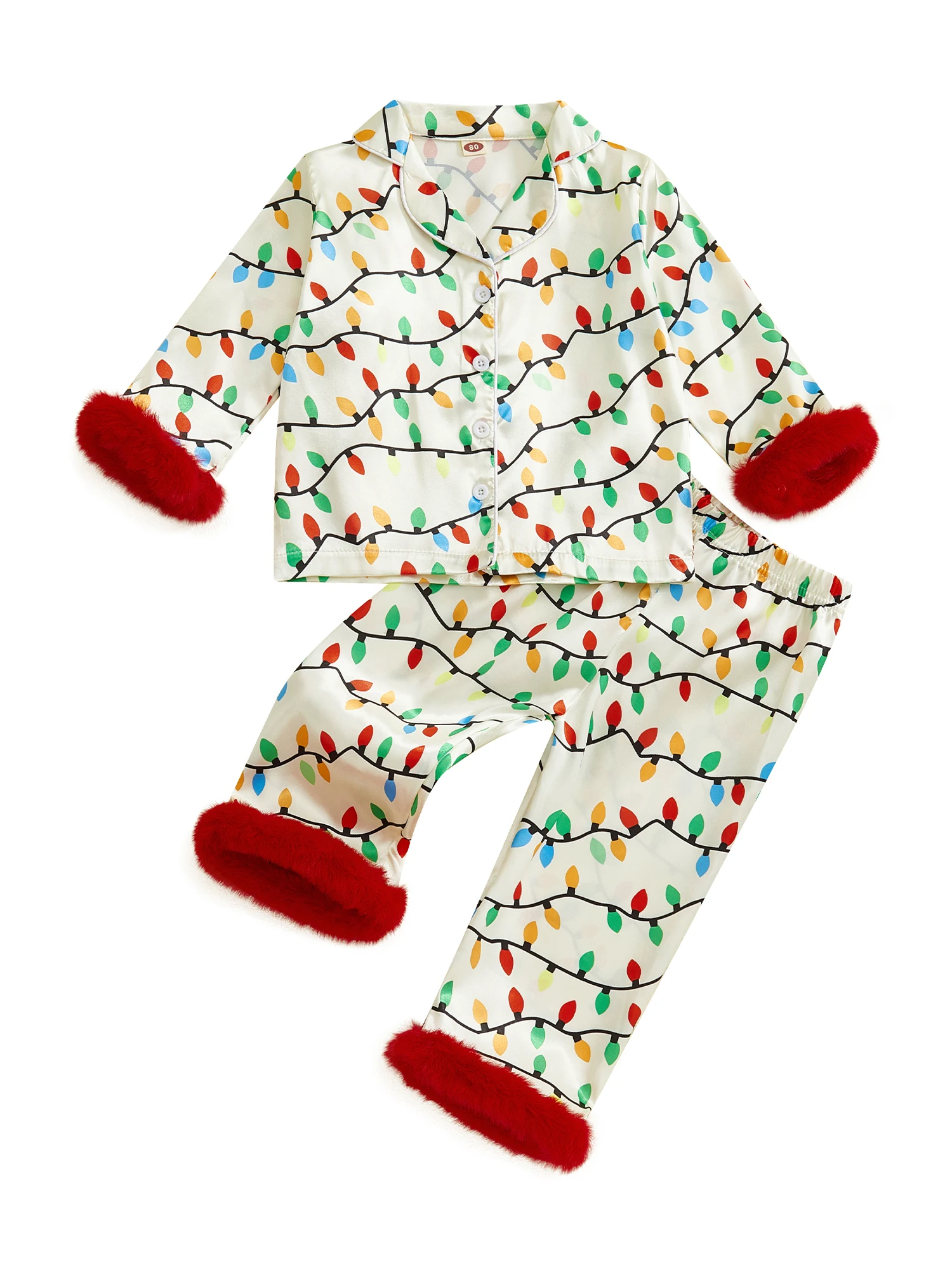 

Children s Christmas Satin Pajama Set featuring Festive Light String Print Long Sleeve Lapel Button Down Top with Matching