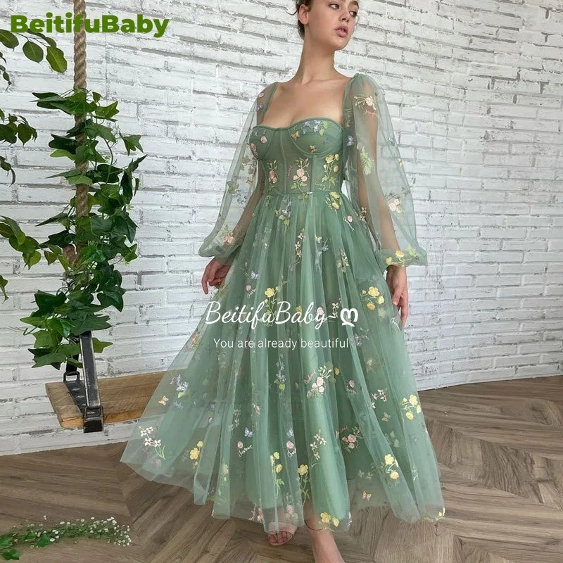 

BeitifuBaby Party Dresses for Women 2024 Elegant Dubai Lace Embroidered Puff Long Sleeve Ball Gown Elegant Dress Vestidos Robe