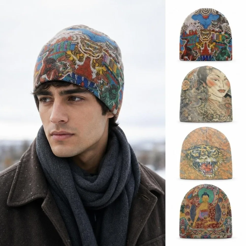 Breathable Printed Beanie Hat Warm Knit Elastic Graphic Knit Beanie Hip Hop Kpop Harajuku Fashion Pull-on Beanie Cap