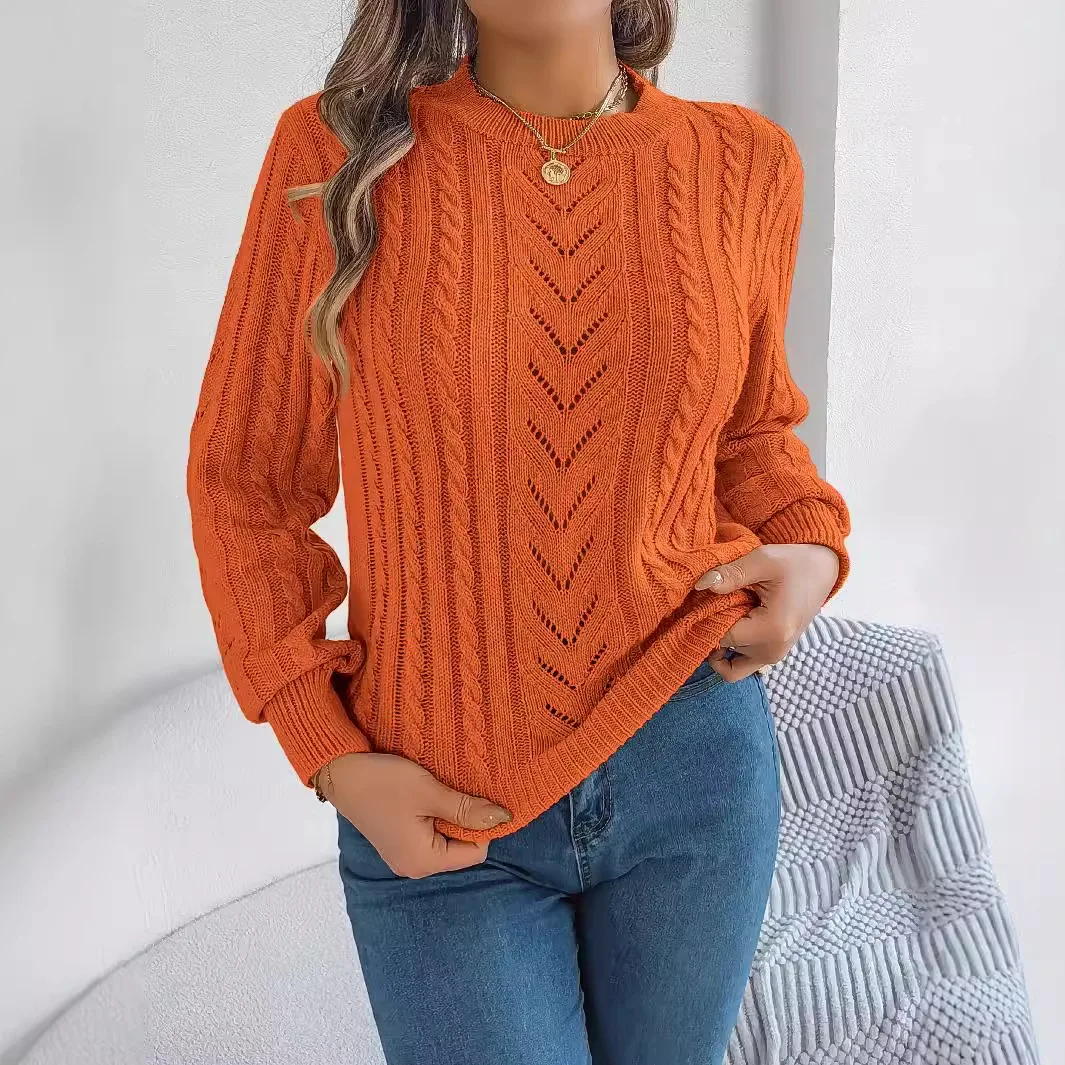 Europe and America Leisure Solid Color Hollow-out Lantern Sleeve Sweater,Round Neck Pullover Sweater for Autumn and Winter Women