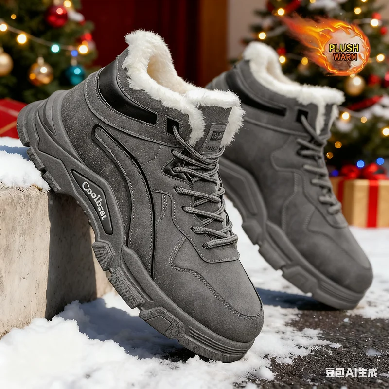 Venda de Natal: Botas de neve masculinas, sapatos quentes promocionais de inverno forrados de lã e engrossados para acampamento ao ar livre, pesca e caça