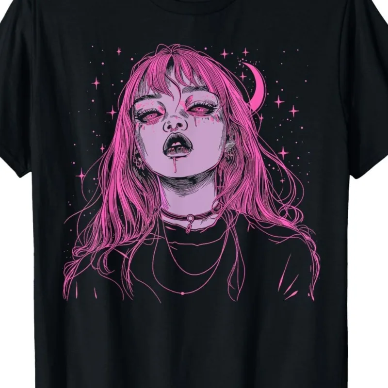Gothic Punk Anime T-shirt Black Aesthetics Crescent Star Pattern Anime Hip Hop Street Men's Super Large T-shirt Unisex