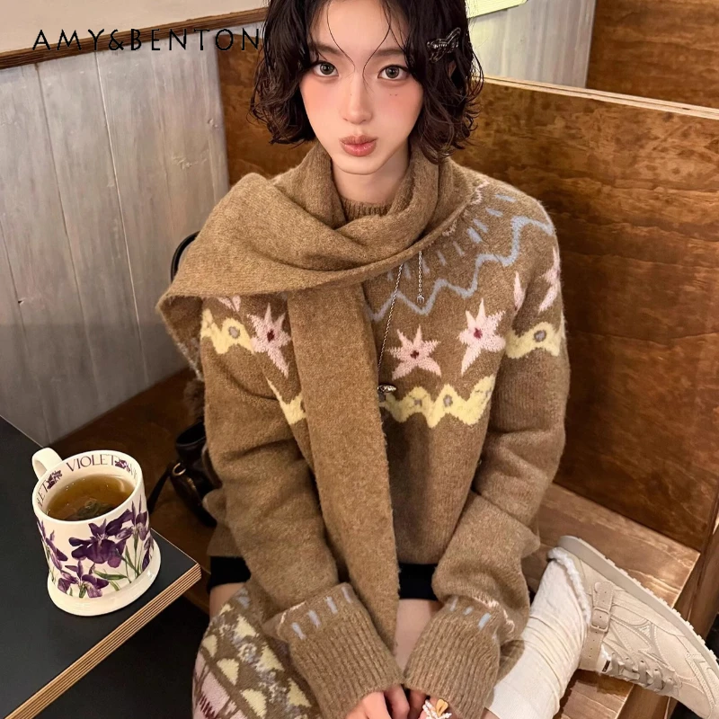 

Autumn Winter New College Style Pullover Women's Knitted Jumpers Vintage Design Jacquard Casual Versatile Top Sweater Ladies