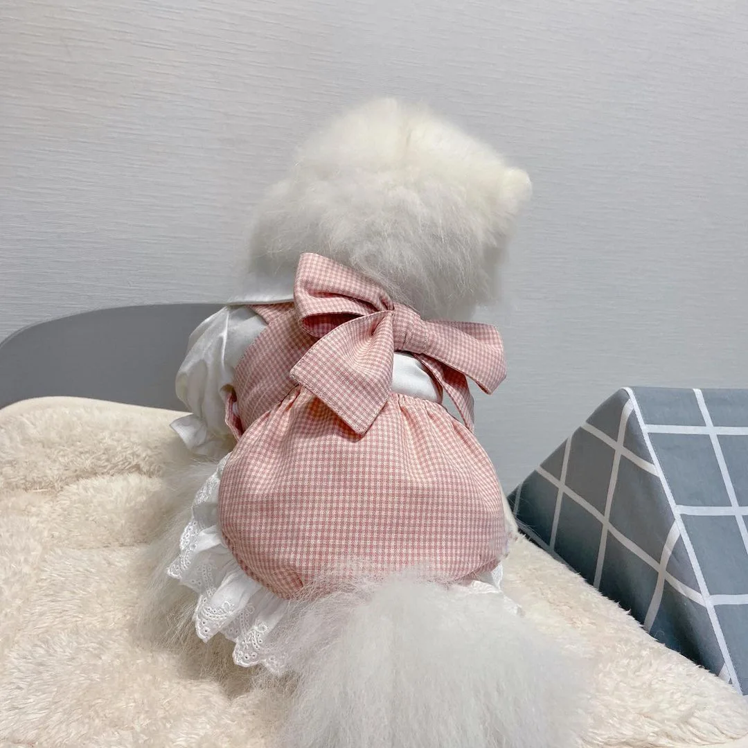 Fashion INS Designer Dog Fashion Princess Pink Grid Bow Tie Suit Skirt Lace Tie Dog Skirt Cute Comfortable Shirt For Small Dogs