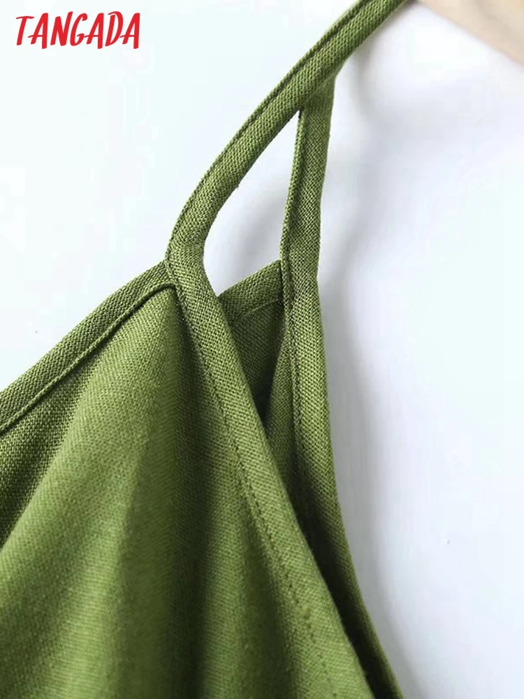 Tangada 2023 fashion women green cotton linen bow dress vintage sleeveless ladies midi dress 4C71