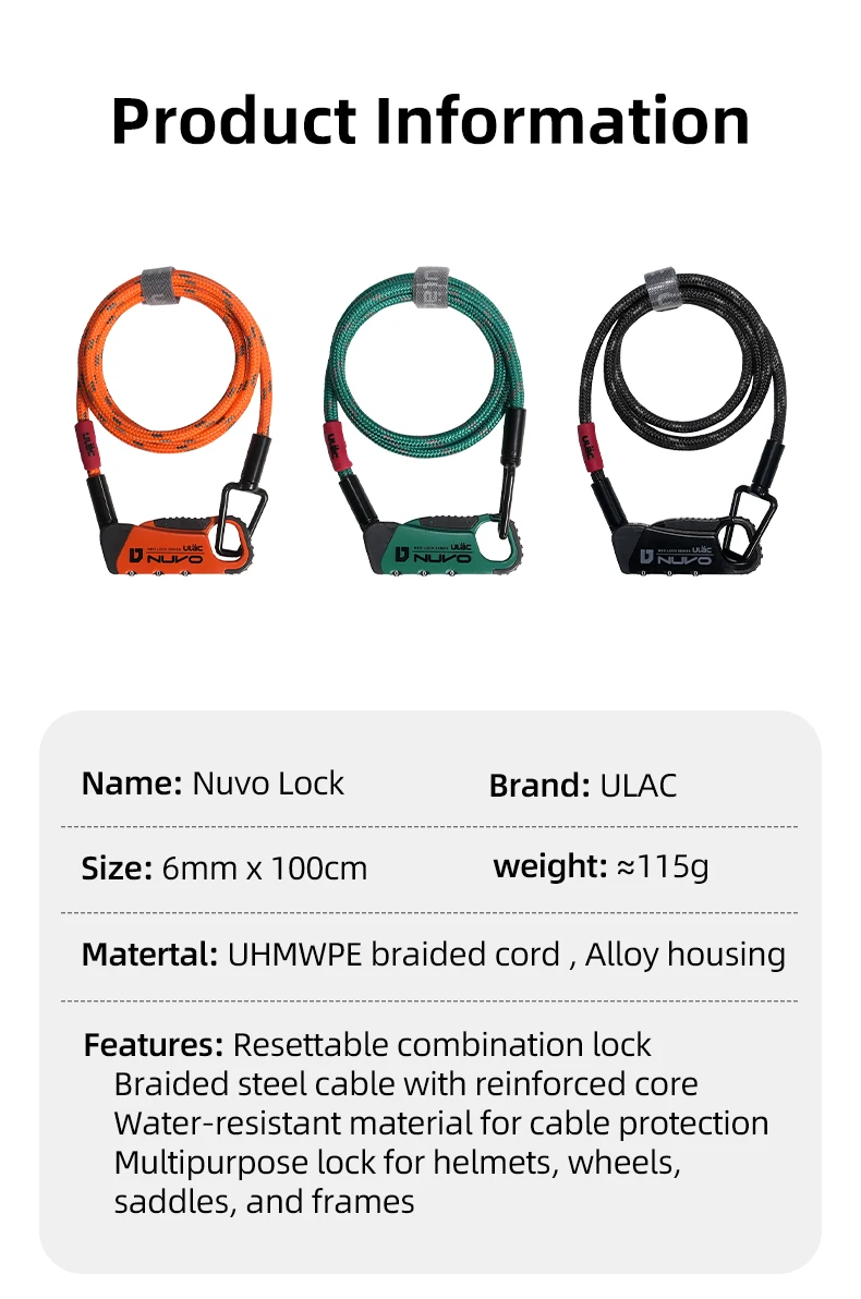 ULAC Fahrradschloss Nuvo Lock mit Dreistelliger Zahlencode-Kombination, Multifunktionales Diebstahlsicherungs-Kabelschloss aus UHMWPE-Geflechtmaterial – Detail 3