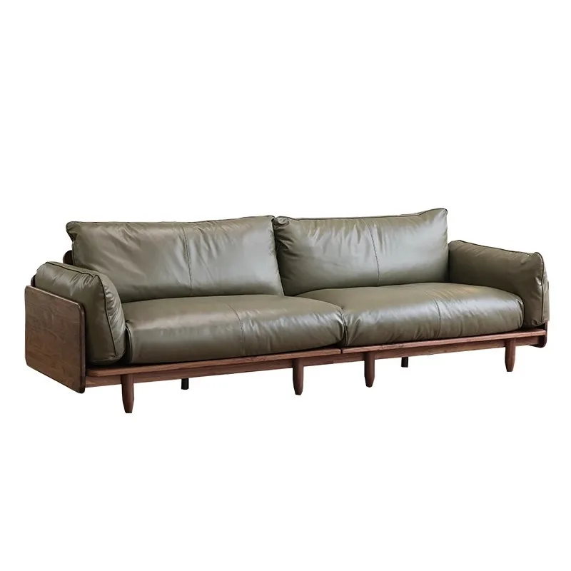 

North American black walnut solid wood sofa living room small apartment household leather sofa log straight row four people