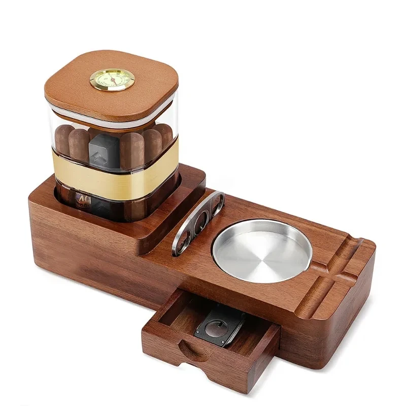 Detachable Wooden Cigar Display, Tobacco Ashtray Set with Sealed Jar Tray for Home and Office Accessory