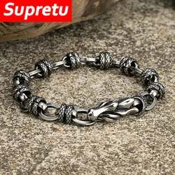 New Trendy Norse Mythology Dragon Bracelets Men Women Stainless Steel Locomotive Link Wristband Charm Bangle Male Viking Jewelry