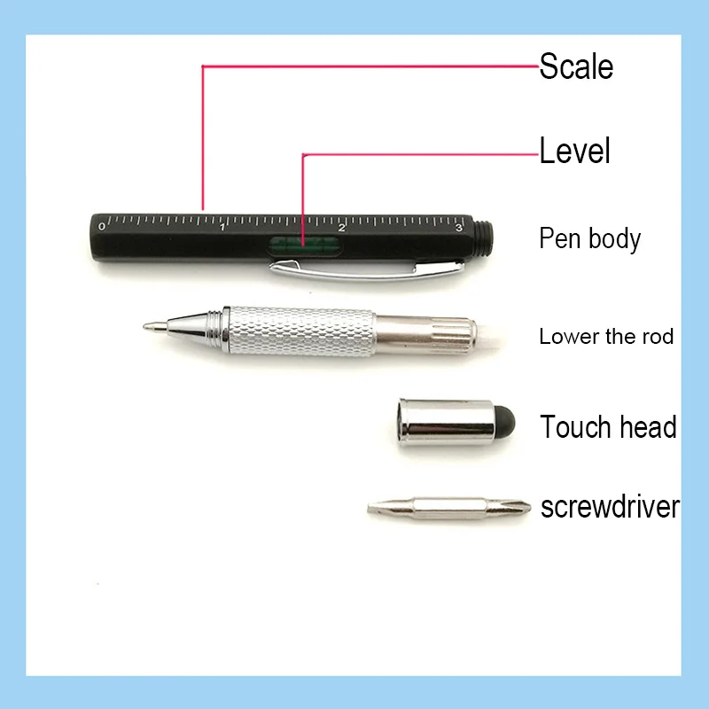 1 conjunto multifunções caneta esferográfica tinta preta com chave de fenda, régua, nível espírito tela de toque caneta ferramenta, caneta stylus