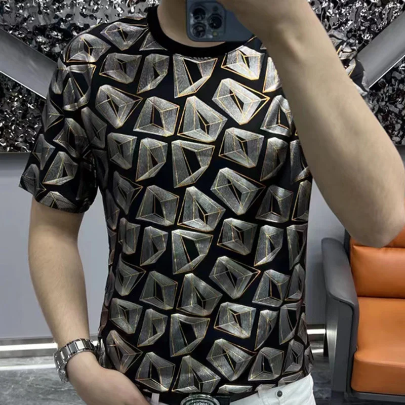 2023 Summer New Men's Short Sleeve T-shirt Personalized Print Abstract Geometry Casual Fashion Temperament Short Sleeve