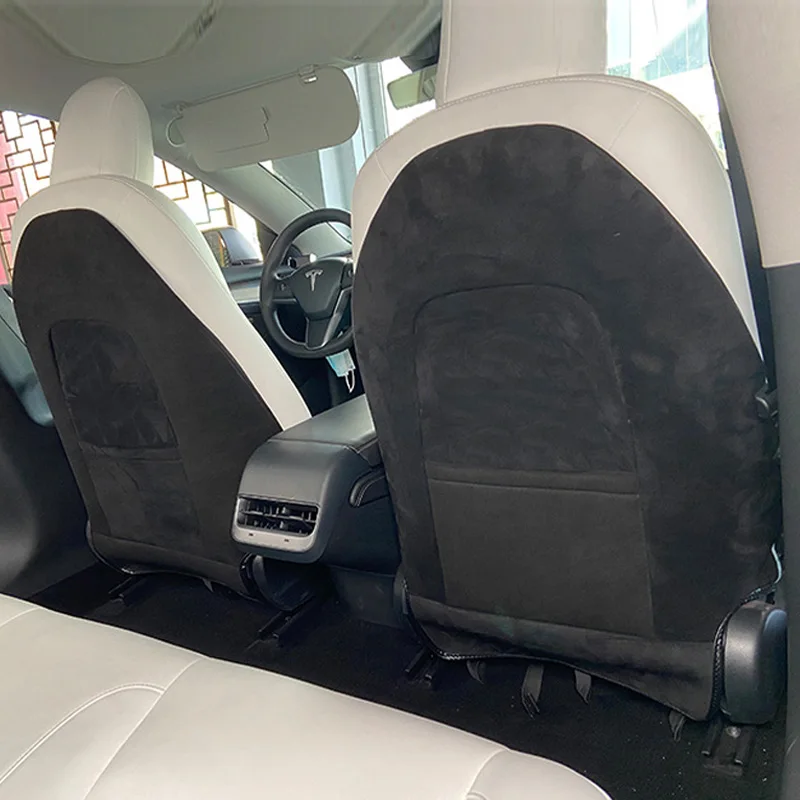 2024 For Tesla Model 3 Highland Turn Fur Suede Seat Back Anti Kick Protectors Cover Mats Full Surrounded Seatback Pad