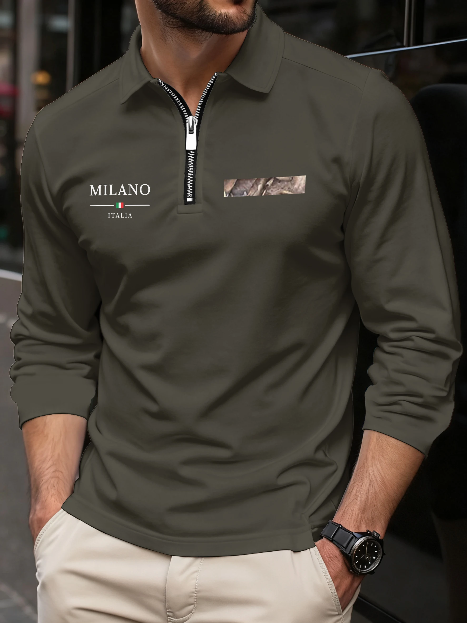 

Casual Men's POLO Shirt Zipper Pocket Decorative Lapel Classic Trend Solid Color Comfortable High Quality Long Sleeve Tops