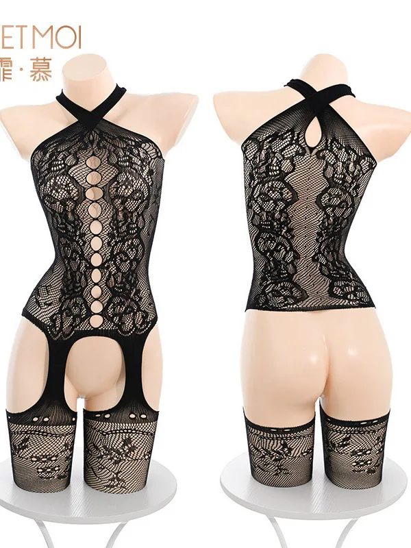 Feimu picante estilo menina oco jacquard meias de uma peça sexy bodysuit perspectiva renda macacão quente sexy coreano feminino p4f2