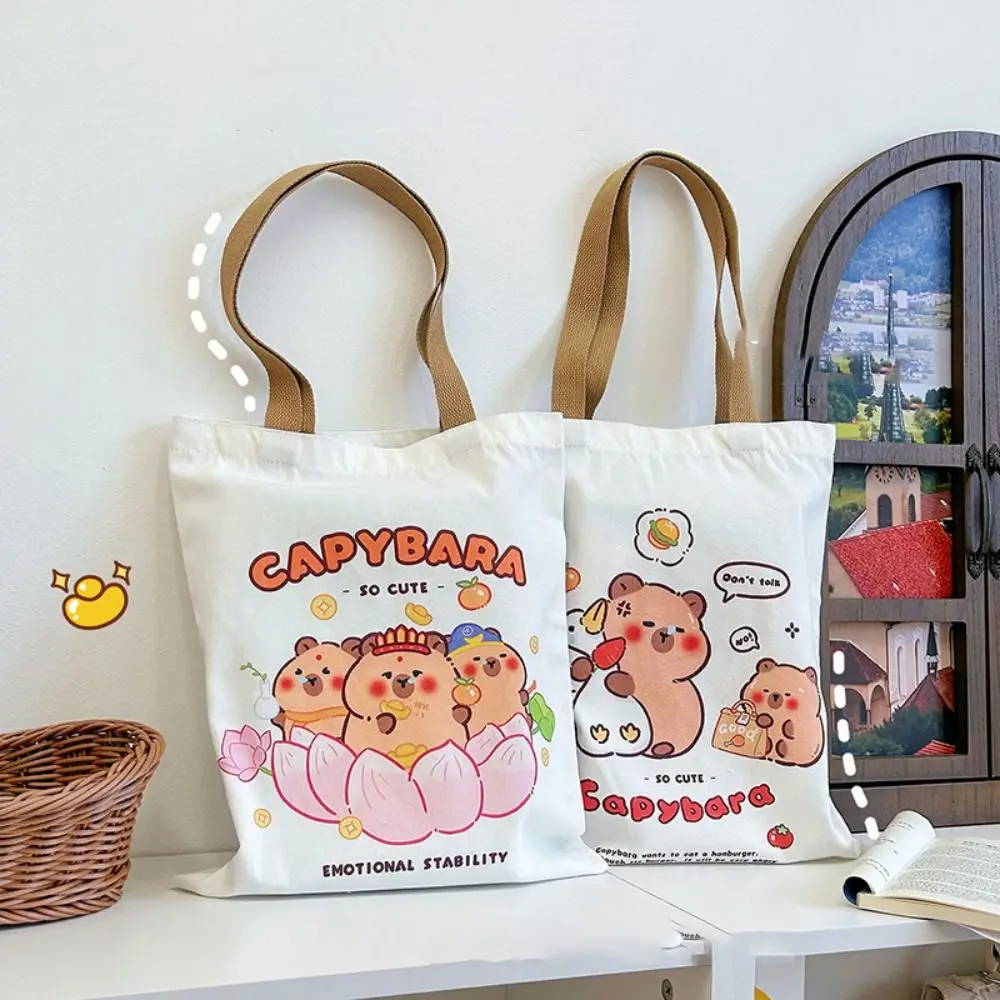 Bolso de mano con estampado Kawaii de capibara de dibujos animados, bolso de lona reutilizable de gran capacidad, bolso grande de hombro duradero resistente al desgaste para tableta