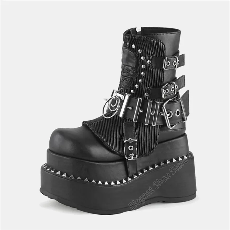 

Metal Buckle Rivets Women Boots Punk Style Black Round Toe Chunky Platform Zipper Short Boots Autumn Winter Fashion Female Shoes