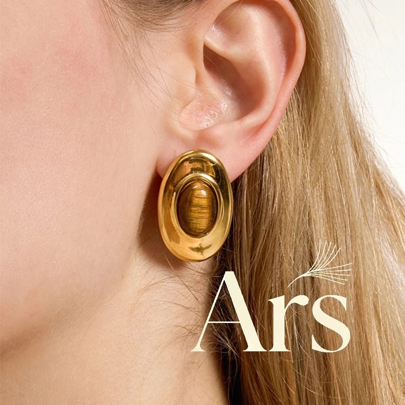 Ars Tiger's Eye Stone Earrings for Women 18K Gold Plated Stainless Steel Oval Stud Earrings Statement No Tarnish Earrings