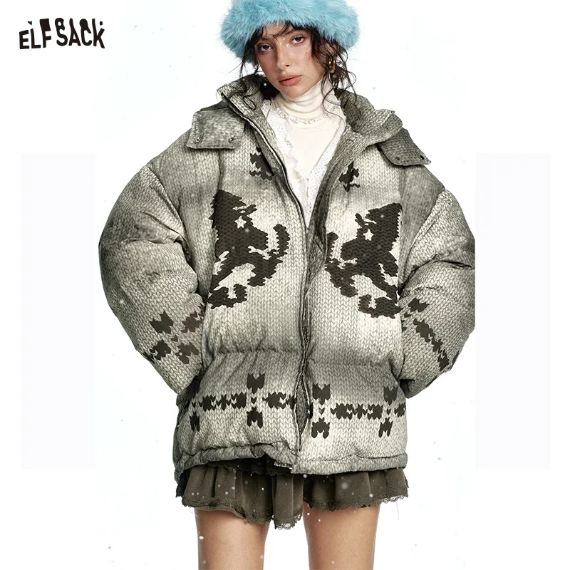 ELFSACK 2024 Winter New Arrivals Fair Isle warm grey hooded down jacket for women