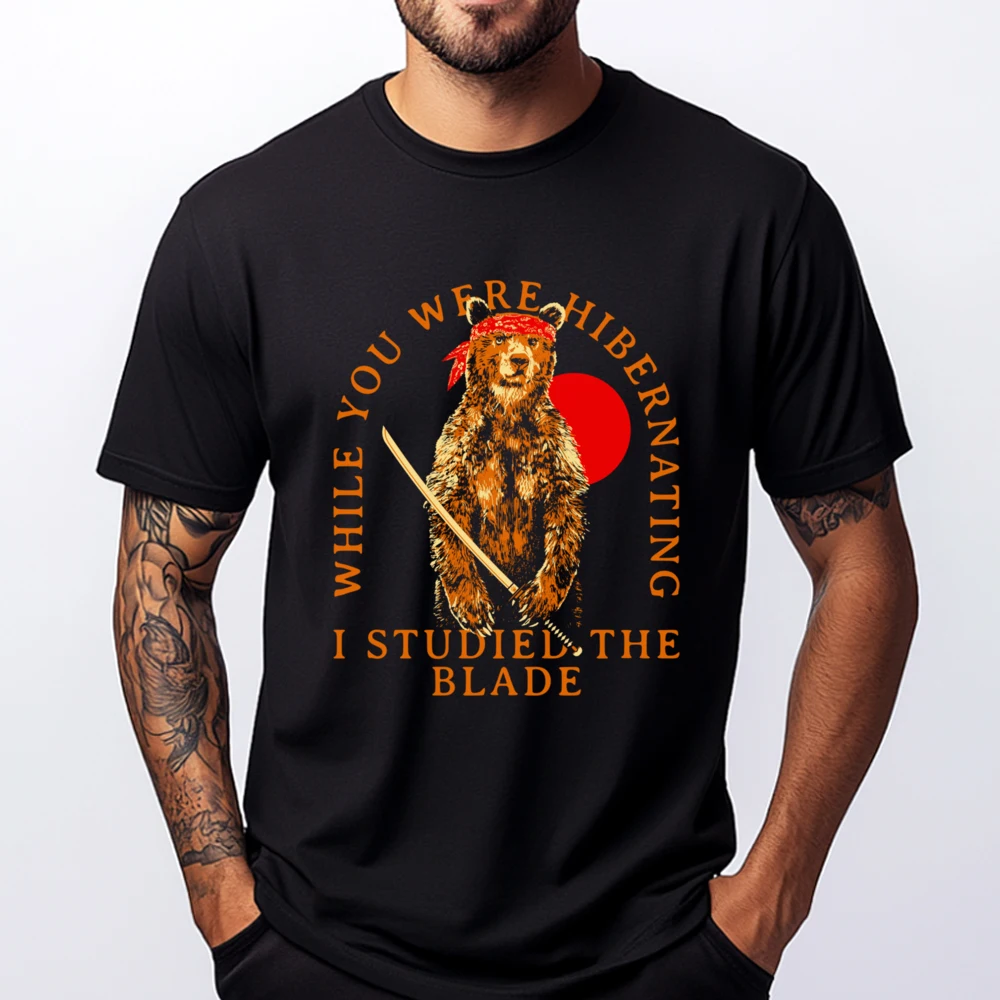 

While You Were Hibernating I Studied The Blade Bear Samurai Red And Black Graphic T Shirt Mens Designer Clothes Father's Day