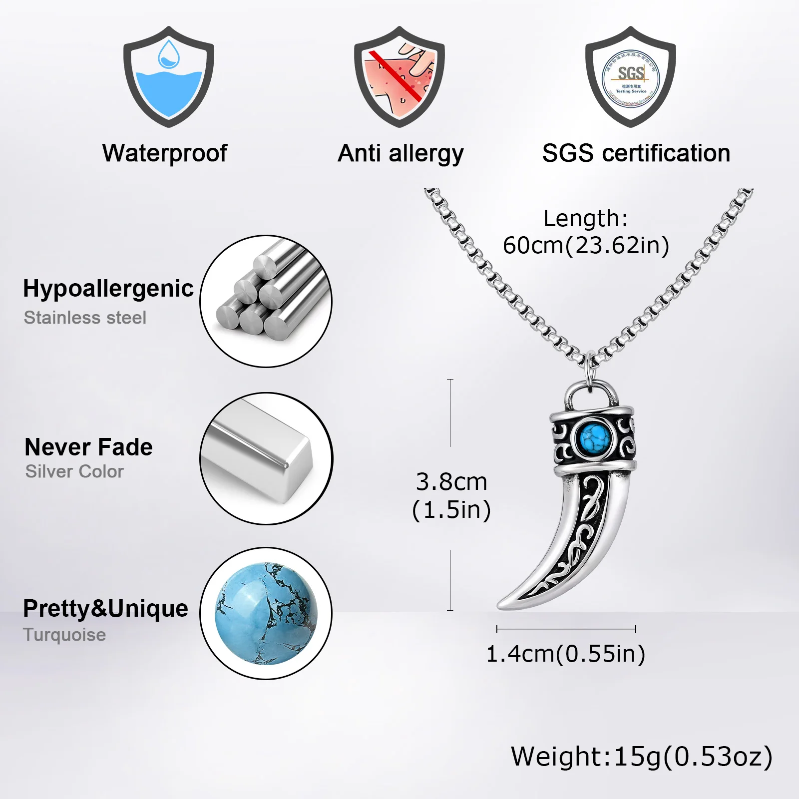 Vintage Horn Charms Necklace for Men Boys,Wateproof Natural Stone