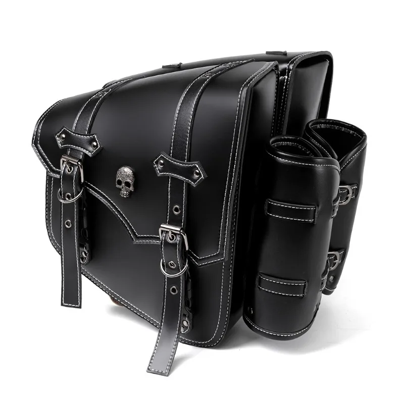 A Pair Classic Black Cruiser Motorcycle Saddlebags,Rivet Punk Hard Style Black Leather,Shell Does Not Deform for Touring Biker