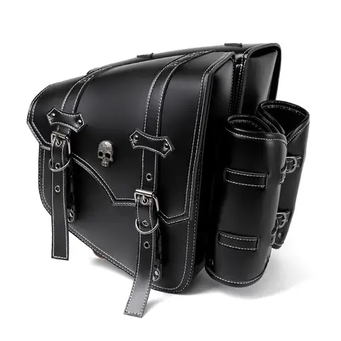A Pair Classic Black Cruiser Motorcycle Saddlebags,Rivet Punk Hard Style Black Leather,Shell Does Not Deform for Touring Biker