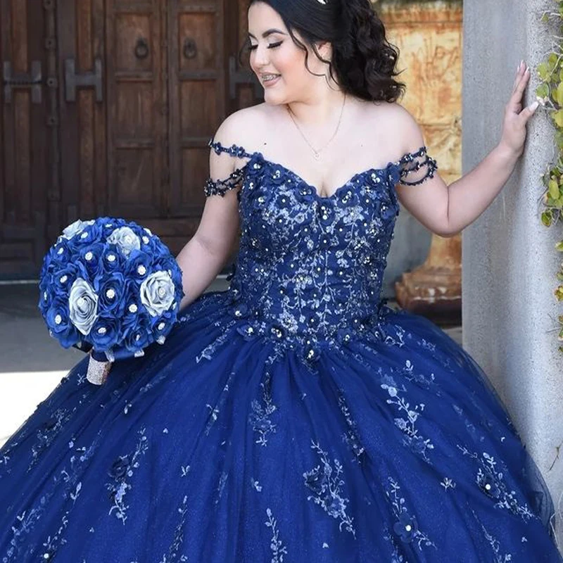 Luxo azul marinho querida quinceanera vestido 2023 apliques rendas cristal aniversário vestidos de baile doce 16 vestido espartilho