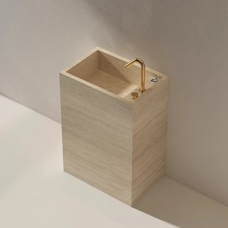 

Travertine rock slab column wash basin integrated floor type wash basin outdoor courtyard