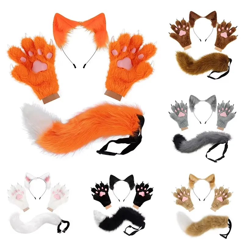 ふわふわのフェイクファーテール、毛皮の手袋、猫耳カチューシャセット-ハロウィン-クリスマス-コスプレ-パーティー-ドレスアップコスチューム