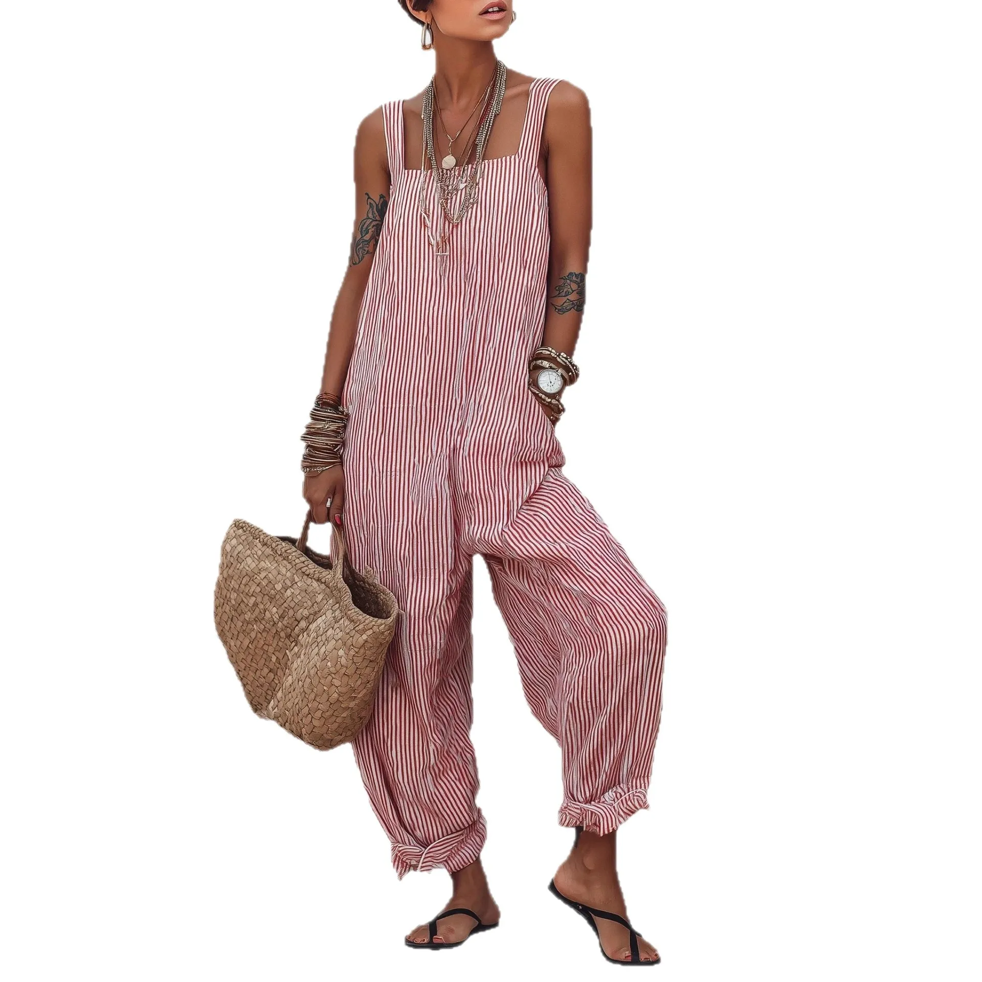 Casual Wide Leg Pants Loose Fit Japanese and Korean Casual Strapless Full Length Long Pants Thin No Stretch Overalls for Women