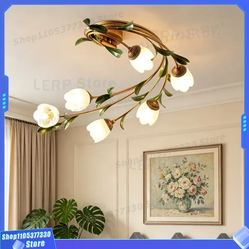 Modern French Ceiling Lamp Nordic Simple Bedroom Light Creative Pastoral Flower Design Retro American Style Restaurant
