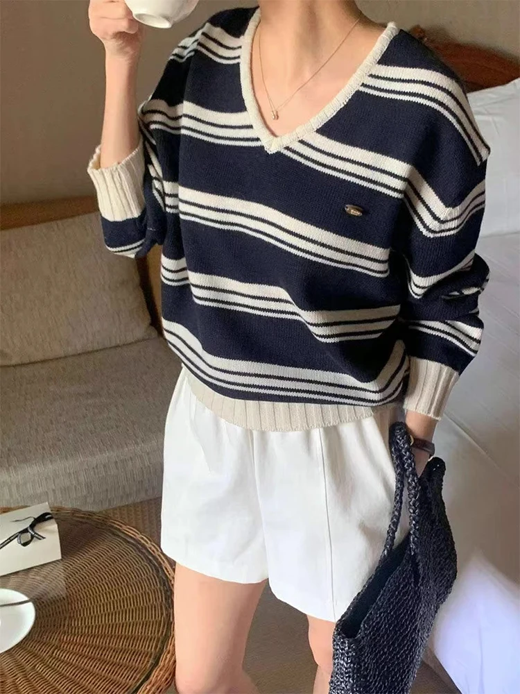 Chic automne nouveau Vintage paresseux Sle v-ne couleur Blo doux polyvalent minceur Long Sve tricoté pull pour les femmes