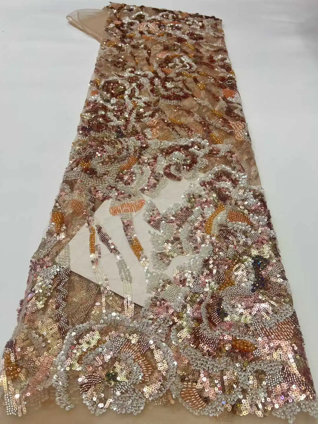 

French Beaded Lace Bride Fabric 5 Yards High Quality African Sequin Lace Fabric Nigeria Mesh Wedding Dress for Women Sewing