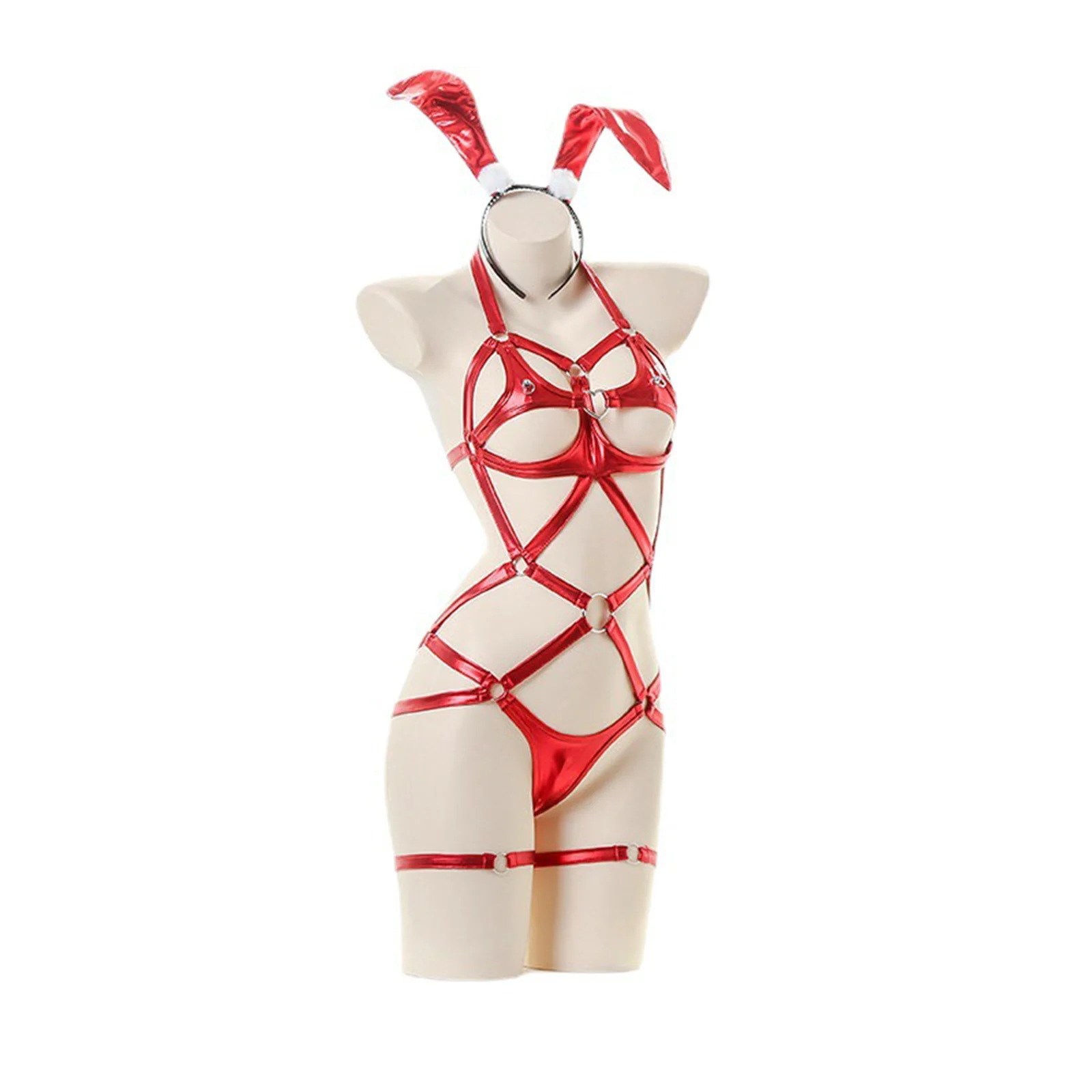 

Women Lingerie Temptation Harness Cutout Bodysuits Rabbit Ear Headwear Wristbands And Thigh Bands Erotic Couple's Nightwear