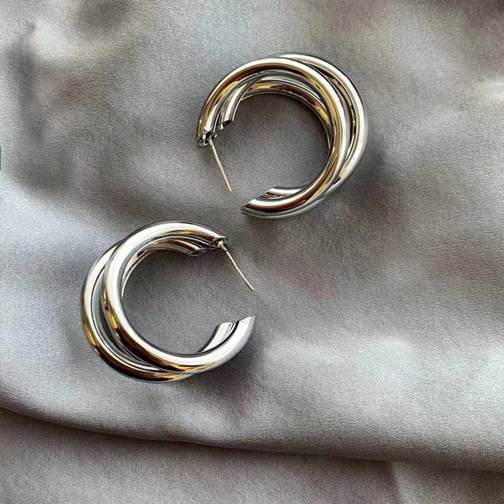 Korean Fashion Hoop Earrings for Women Three-layer Hoops Big Thick Round Earrings 925 Silver Needle Ear Piercing Jewelry