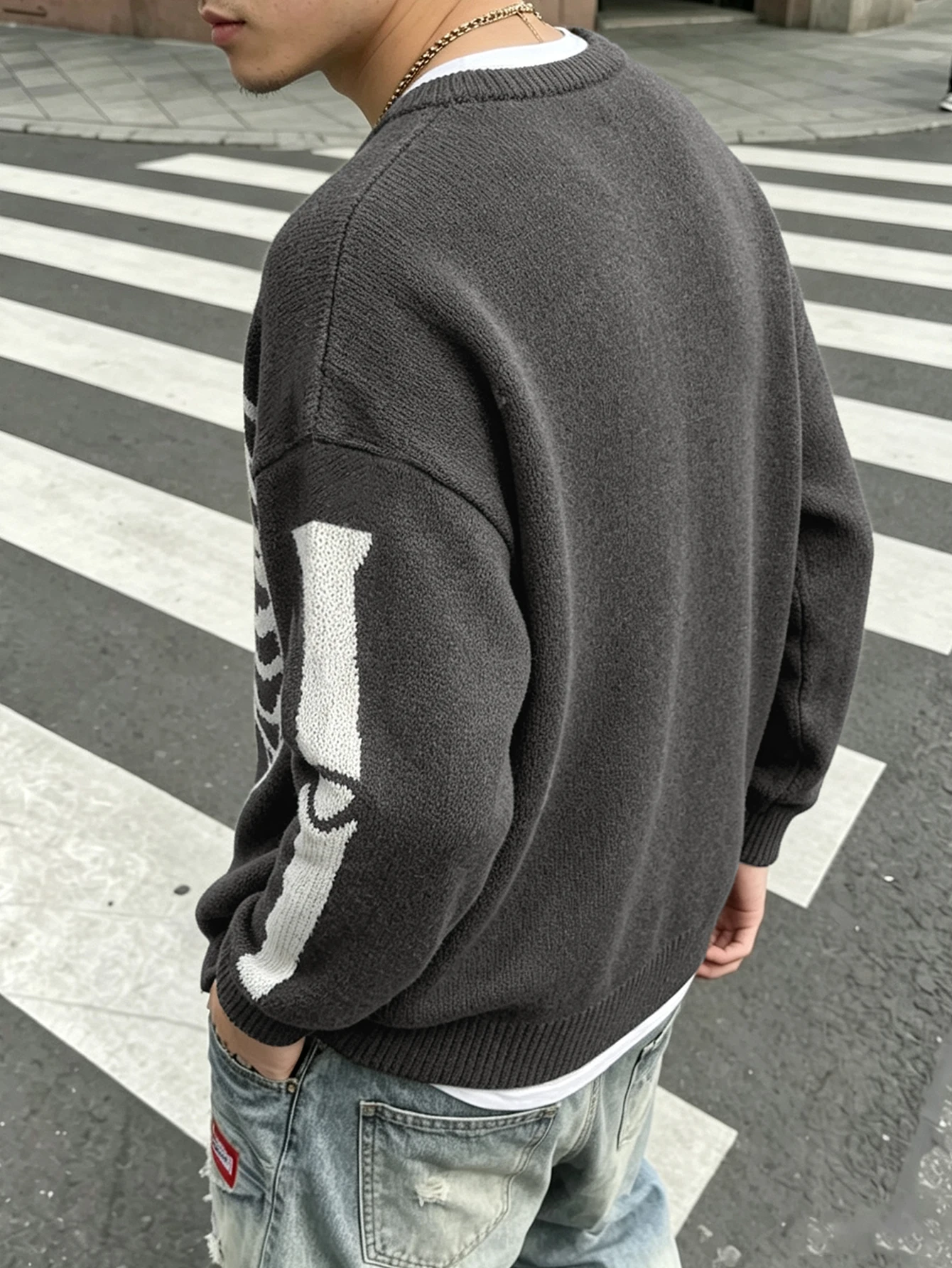 Men Skeleton Jacquard Sweater Crew Neck Loose Pullover Polyester Gothic Streetwear Drop Shoulder Long Sleeve Knit Jumper