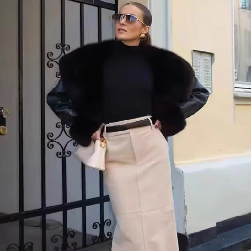 

TARUXY Fur Collar Patchwork Leather Jacket Women Solid Long-Sleeved Double-Breasted Autumn Winter New Female Street Fashion Coat