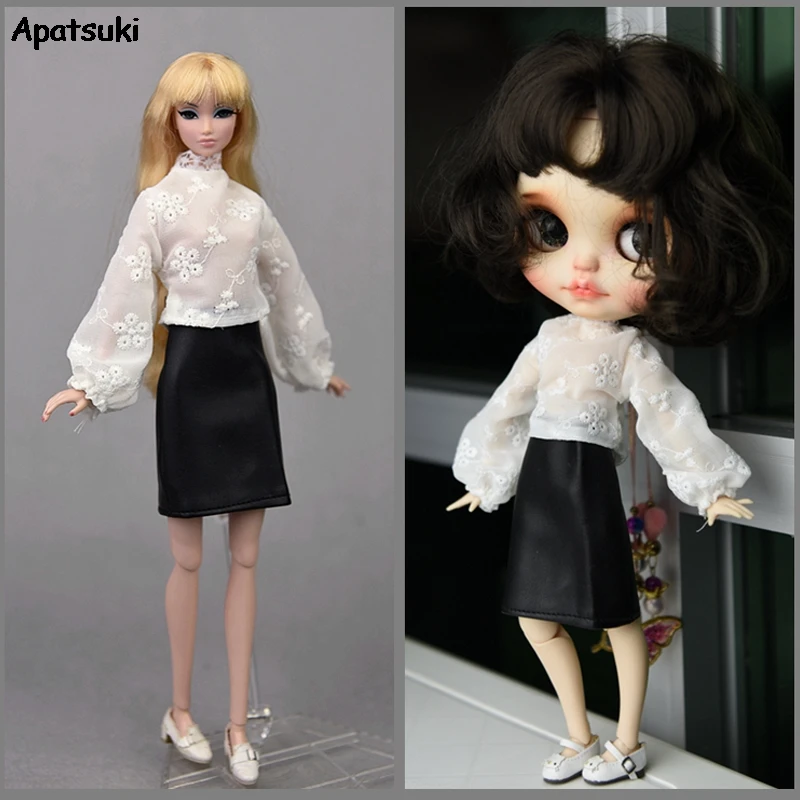 Fashion Clothes Set For Barbie Dolls Accessories Doll Outfits Puff Sleeve Tops Black Leather Skirt For Blythe Dollhouse DIY Toy