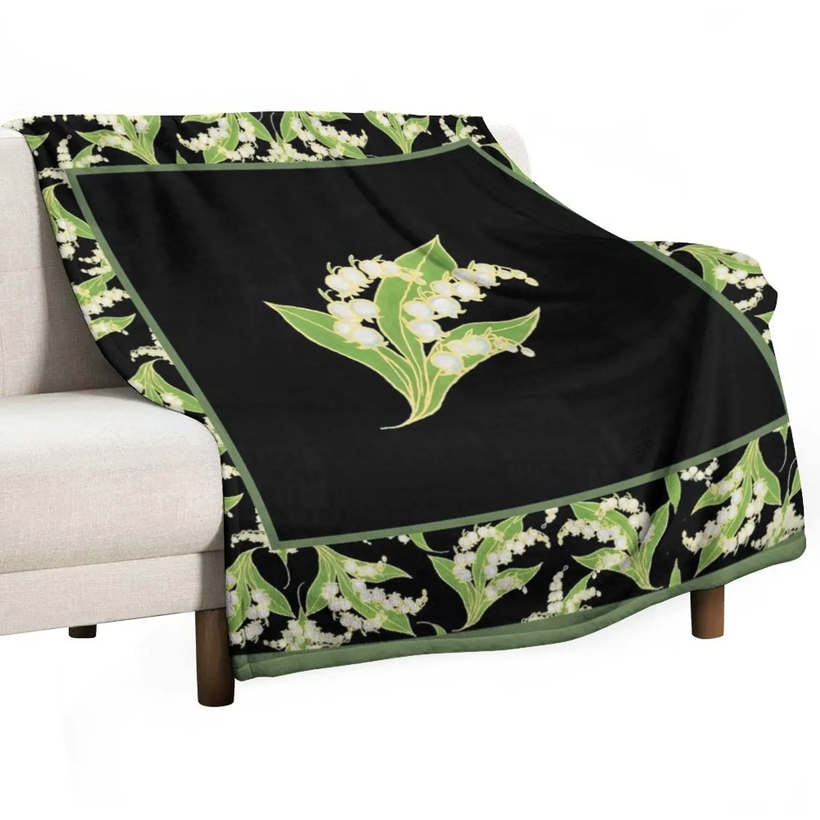 

Art Nouveau Lily of the Valley Motif and Border on Black Throw Blanket blankets ands Furry Shaggy Cute Blankets