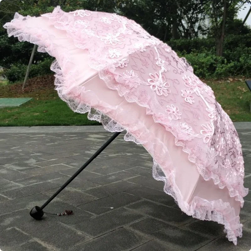 

New Black Coating Three - Folding Umbrella Sun Protection And UV Protection Double Layer Lace Embroidery Princess Sun Umbrellas