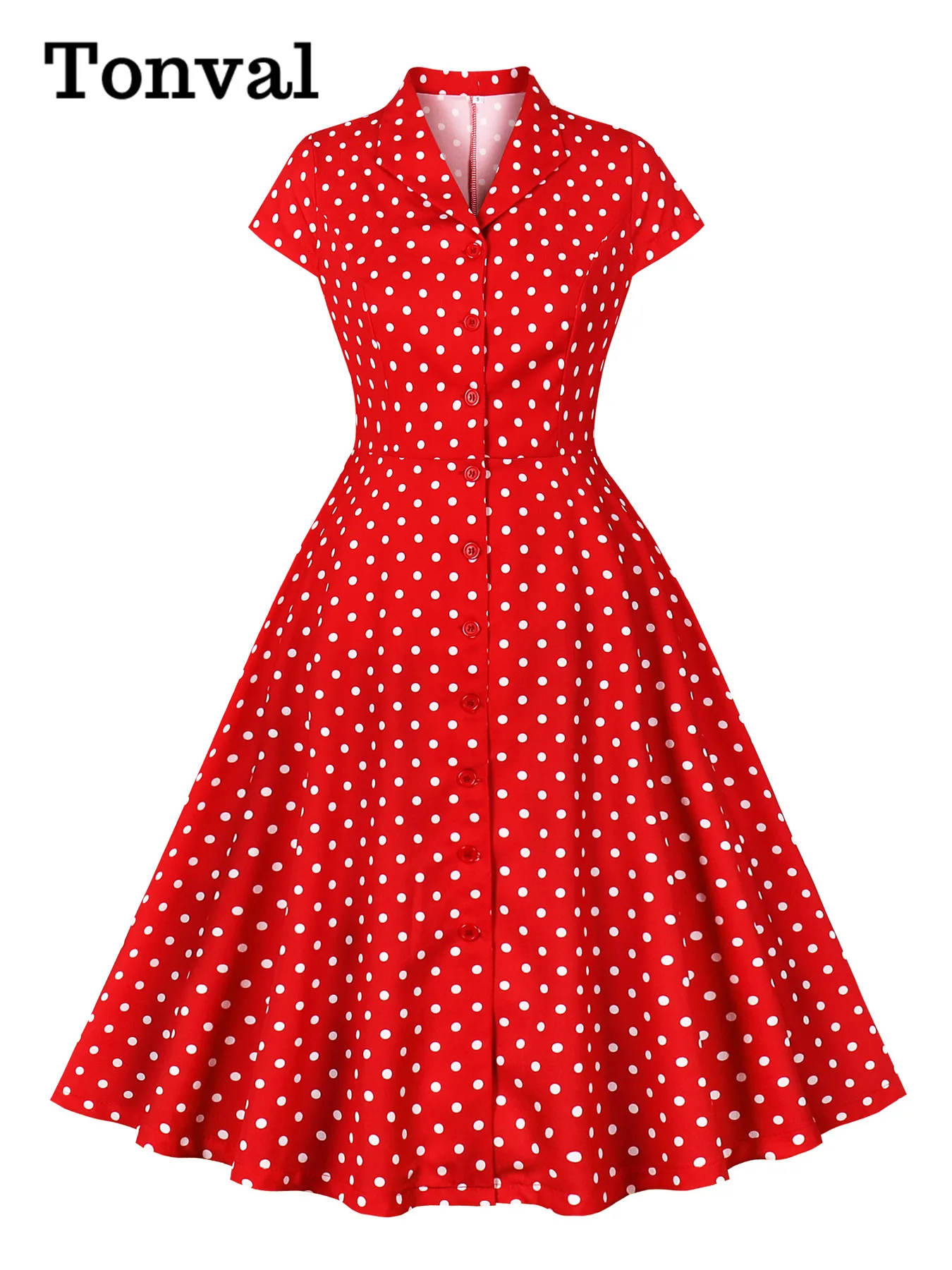 Tonval-Robe rouge à simple boutonnage pour femme, col rabattu, manches cape élégantes, vintage des années 50, à pois, été