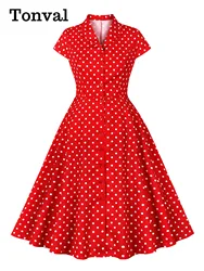 Tonval Turn-Down Collar Single Breasted Red Elegant Dress Cap Sleeve Women Summer 50s Vintage Polka Dot Dresses