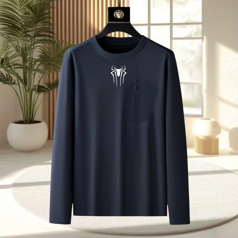 

Fashionable spring and autumn comfortable casual long sleeved men's brand exquisite spider embroidery zipper decoration T-shirt